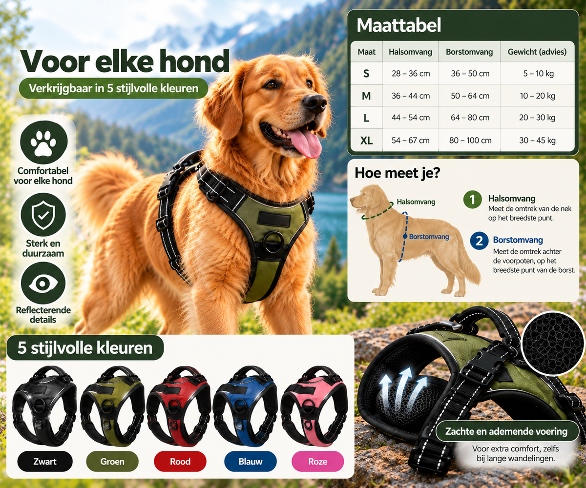 Maattabel van Pootly Stride hondentuig met halsomvang, borstomvang, maten S tot XL en vijf beschikbare kleuren