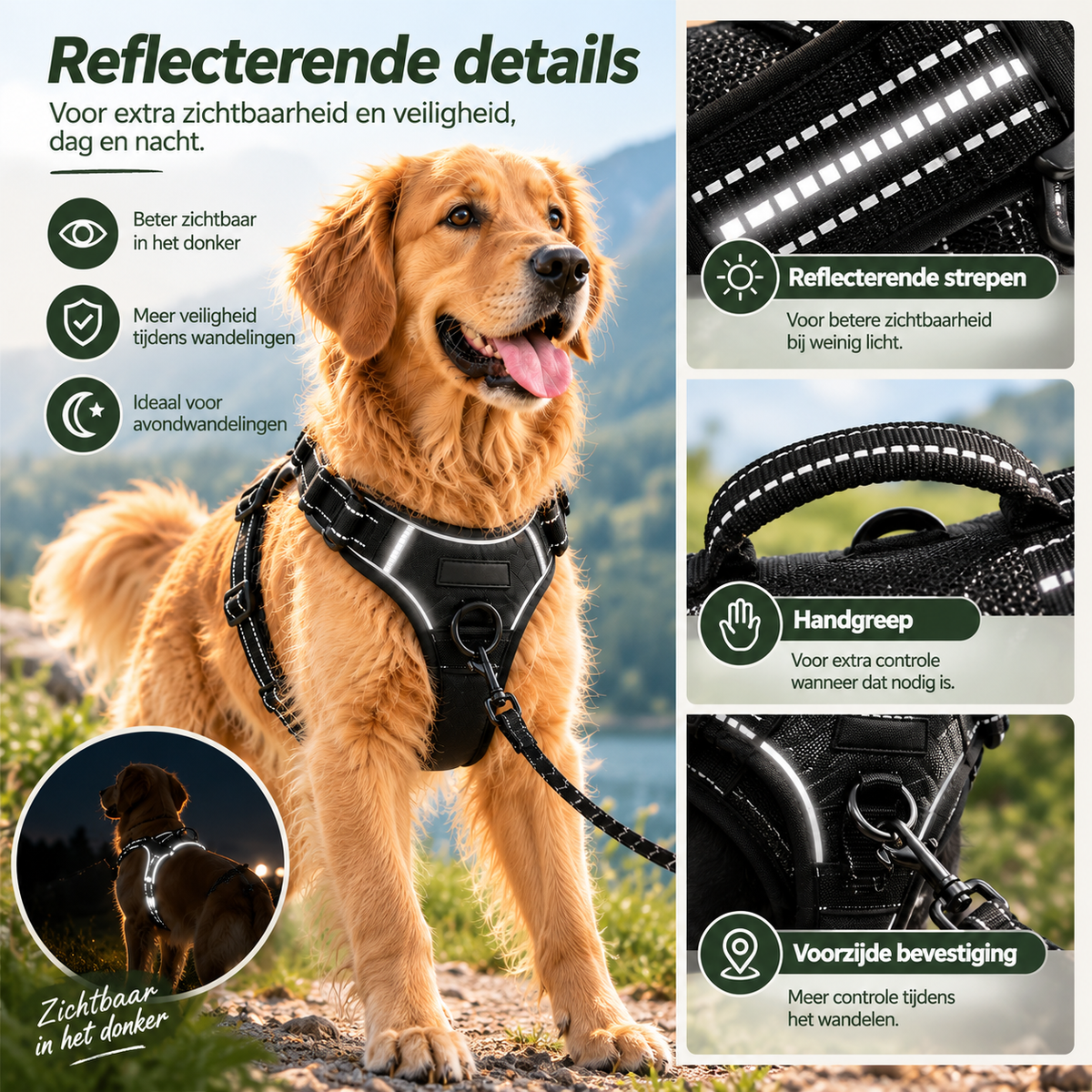 Golden retriever met zwart reflecterend Stride hondentuig met zichtbare reflecterende strepen, handgreep en voorste lijnbevestiging