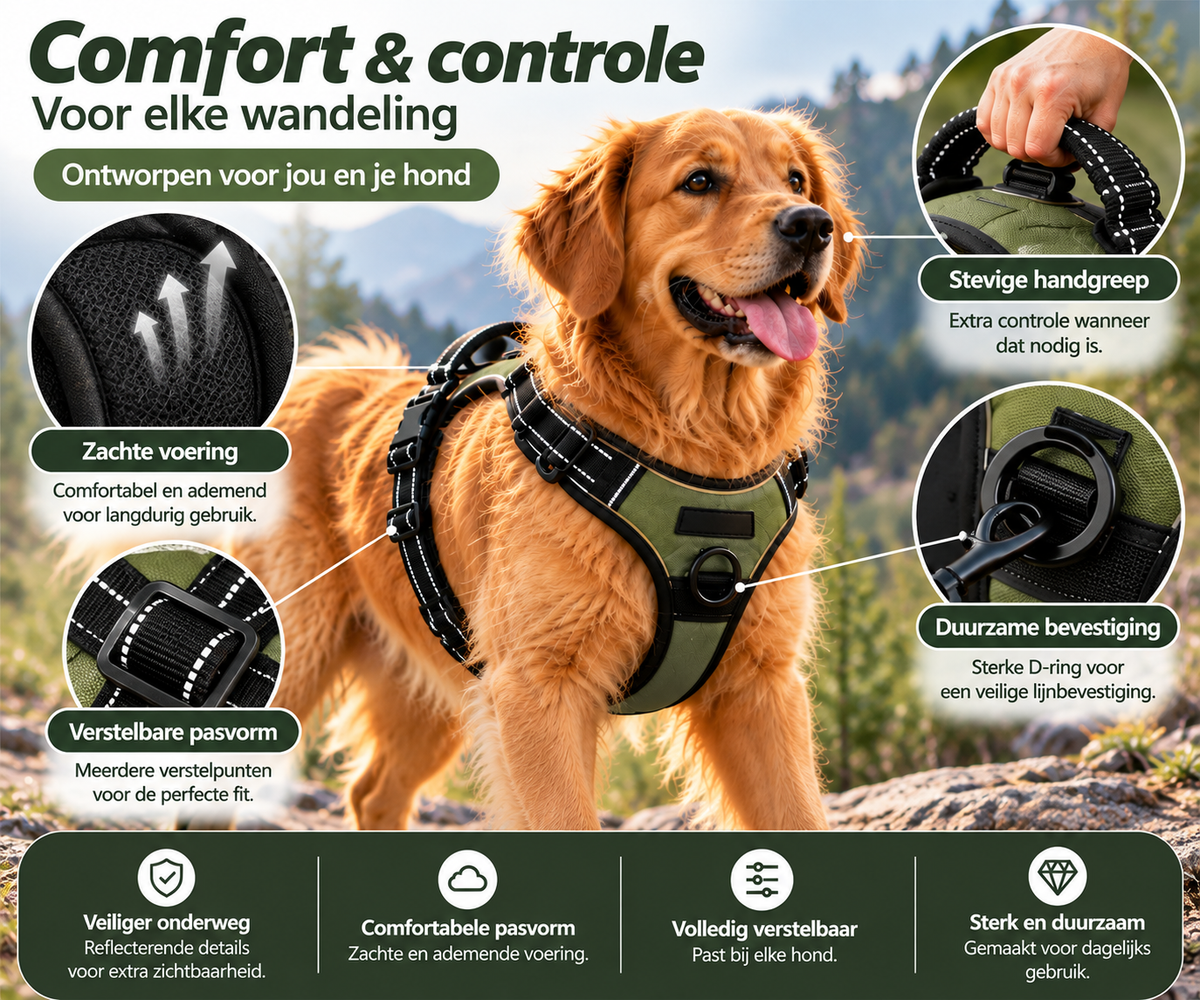 Golden retriever met groen Pootly Stride hondentuig met zachte voering, verstelbare banden, stevige handgreep en D-ring