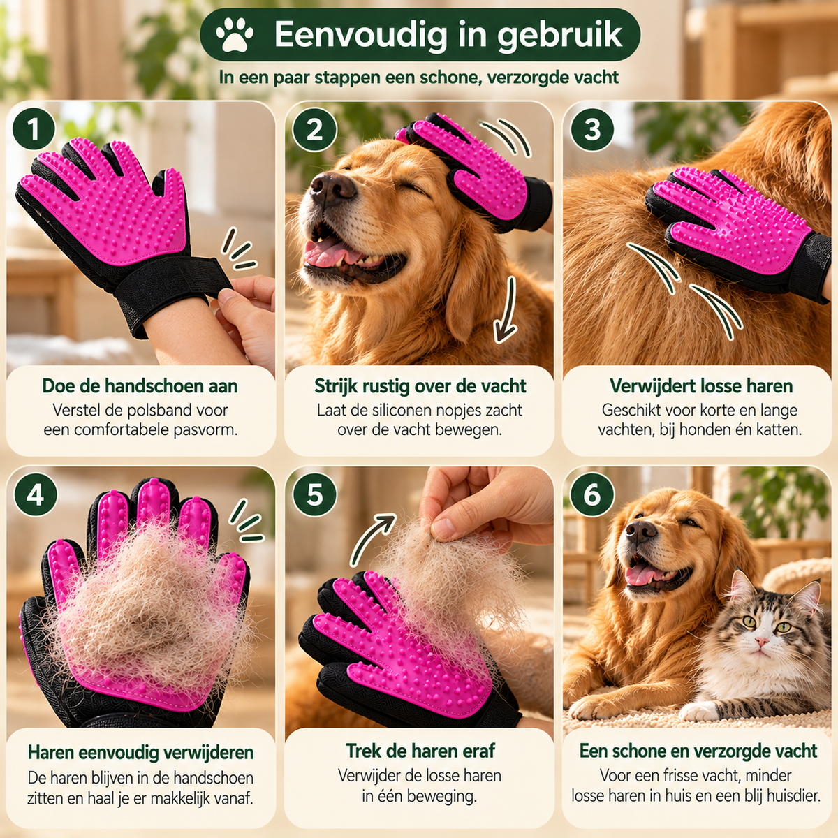 Stapsgewijze uitleg voor het borstelen van honden en katten met een vachthandschoen en het verwijderen van losse dierenharen
