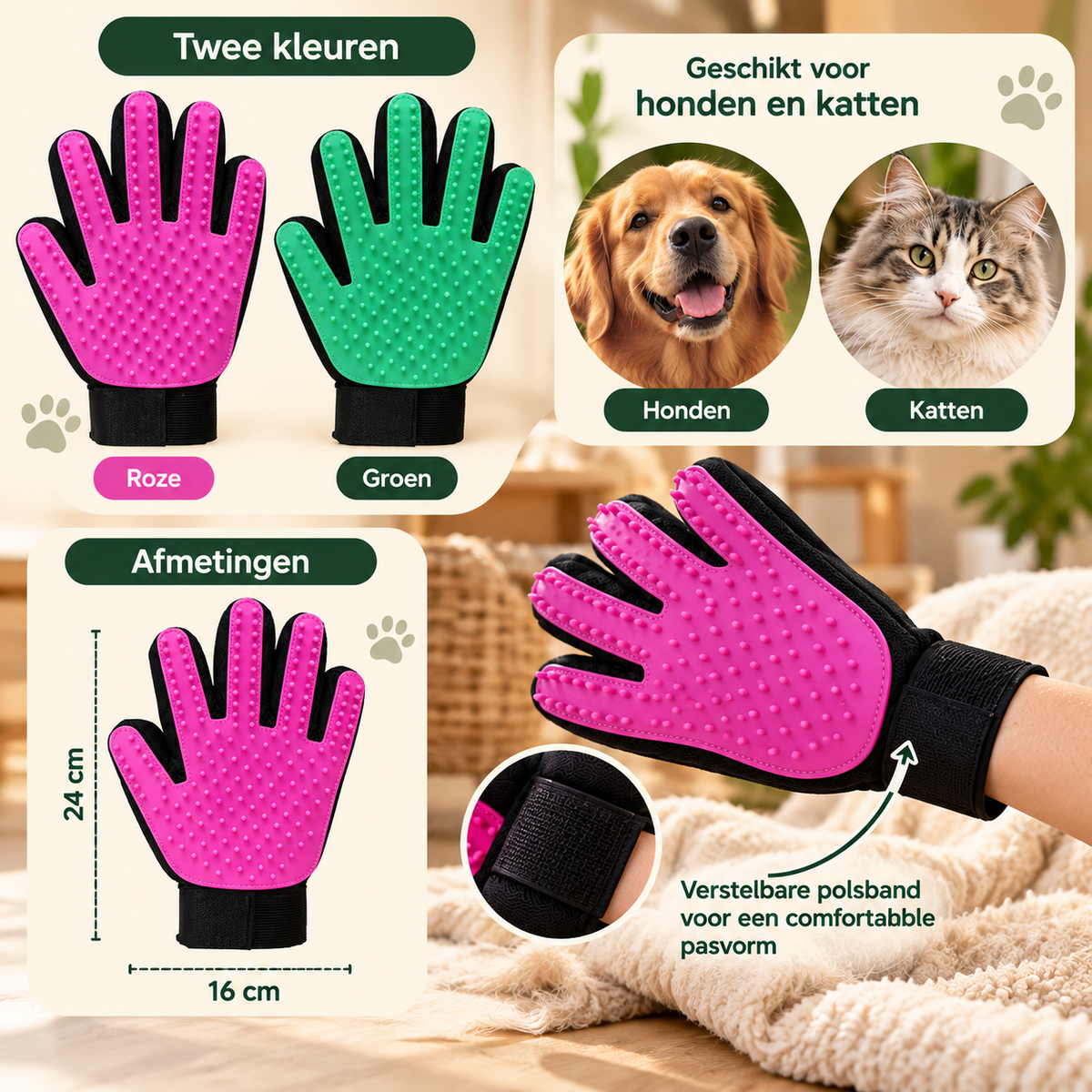 Pootly vachthandschoen in roze en groen voor honden en katten met verstelbare polsband en afmetingen van 24 bij 16 cm