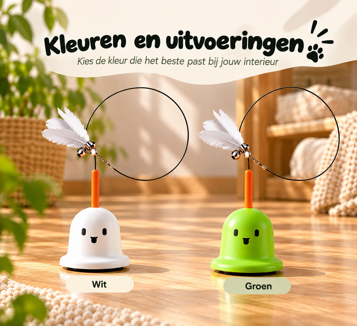 Pootly Veertje kattenspeeltje met witte veren en flexibele draad verkrijgbaar met witte of groene basis