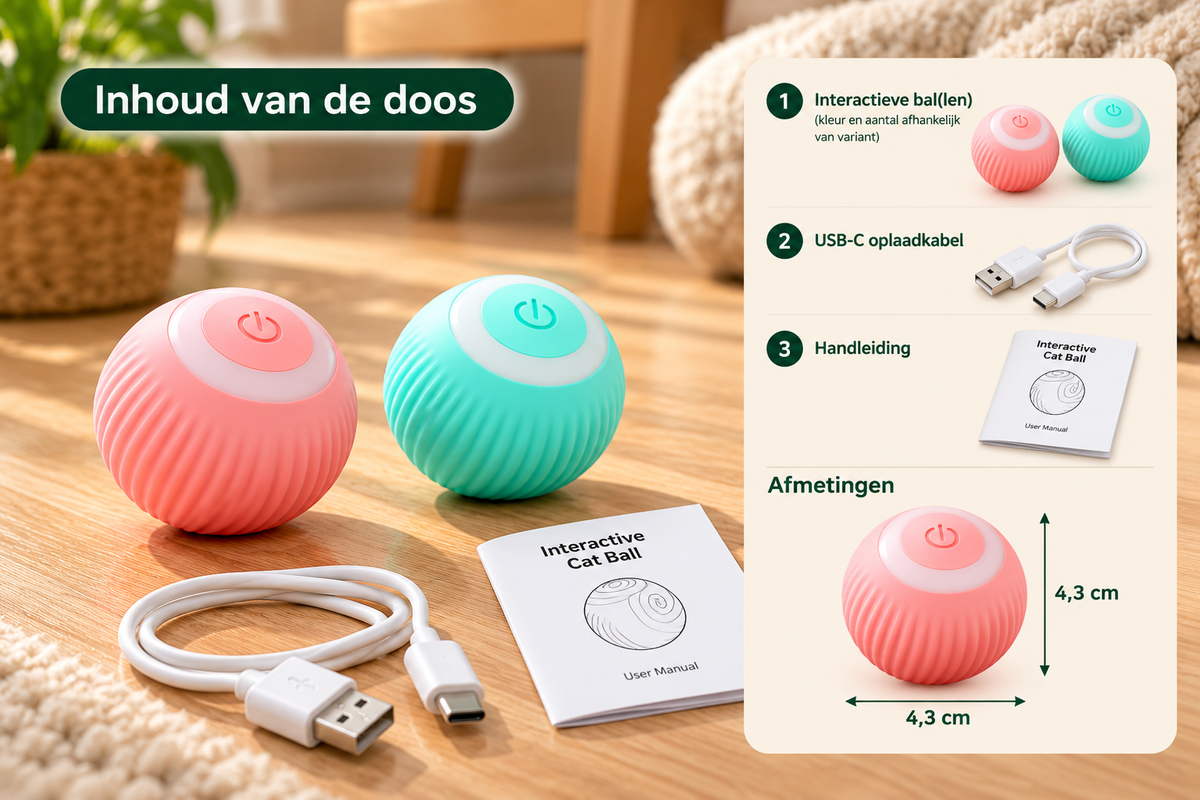 Zoomie interactieve kattenbal met USB-C oplaadkabel en handleiding, verkrijgbaar in roze en turquoise met een diameter van 4,3 cm
