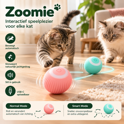 Twee katten spelen met de Zoomie interactieve speelbal in roze en turquoise, met automatische beweging en twee speelstanden
