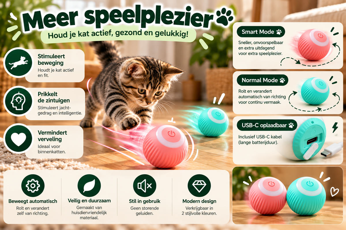Kat speelt met Zoomie automatische kattenbal met Smart Mode en Normal Mode, ontworpen om beweging en natuurlijk jachtgedrag te stimuleren