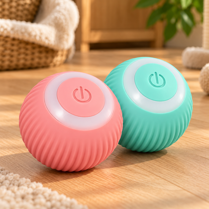 Zoomie oplaadbare interactieve kattenballen in roze en turquoise met geribbeld oppervlak en aan-uitknop